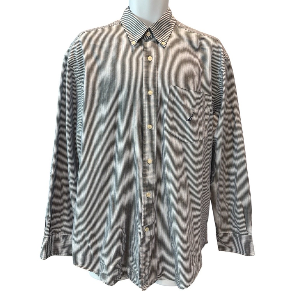Nautica Blue White Striped Button Down Long Sleeve Shirt Men's Large - Picture 2 of 8